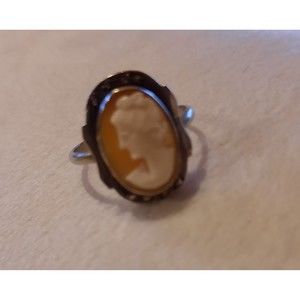 Vintage Carved Left Facing Cameo Ring Carved Shell Marked 800 Silver Circa 1930s